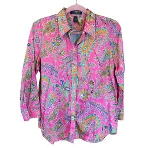 RALPH LAUREN M Womens  Paisley Cotton Button SHIRT 3/4 Sleeve Preppy Boho Fun